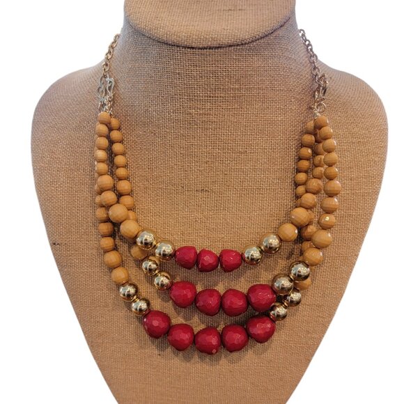 Red/Gold/Tan Faceted Bead Chunky Multistrand Necklace - Picture 1 of 12